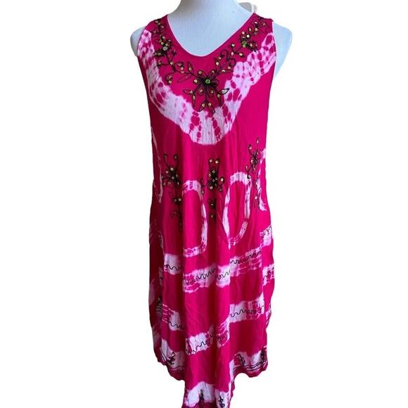 Pink Tie Dye Dress Swimsuit Cover Up Boho hippy Batik Flowy Summer Women M Beach - Picture 1 of 8